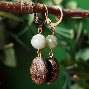 Earthy Boho Leverback Earrings, Green Jasper & Gold Plated Dangles, Witchy